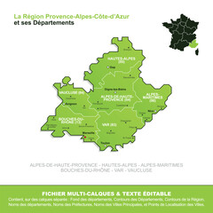 Wall Mural - Carte de la région Provence-Alpes-Côte-d'Azur, ses départements et ses villes