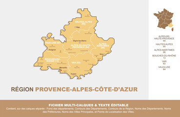 Wall Mural - Carte de la région Provence-Alpes-Côte-d'Azur, ses départements et ses villes