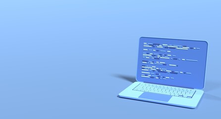 3d laptop and program code development. Web coding concept. Coding screen 3d rendering. 3d rendering of laptop. 3d render illustration