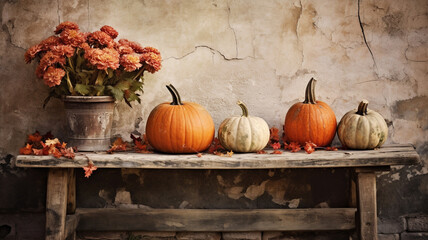 Canvas Print - Autumn pumpkins and flowers in the rustic style