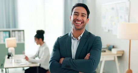 Sticker - Portrait of man with smile, confidence and coworking space, manager for online research and consulting agency. Office, happiness and businessman with arms crossed, leadership and entrepreneur at work