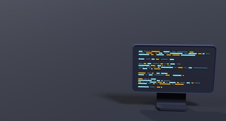 Computer programming or developing software. 3d rendering of flat monitor. Coding 3d render. 3d computer monitor. 3d render illustration