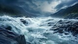 Fototapeta  - Gentle transitions between the river and sea waves as they intermingle during high and low tides. Natural wonders of the Saltstraumen maelstrom in Nordland, Norway, characterized by mesmerizing