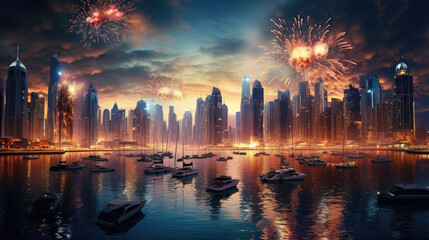 Wall Mural - New Year's Eve fireworks over a modern, Arab city