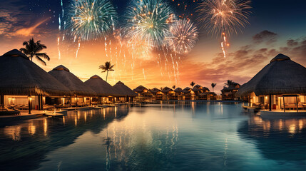 Wall Mural - New Year's Eve fireworks over a vacation resort in the Caribbean