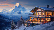 A Villa Stands On A Mountain In Winter. In The Background You Can See A Snow-capped Mountain.