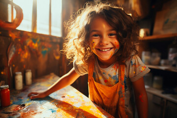 Smiling child with stained t-shirt and spotted colorful drawing studio background looking into the camera with playful look. Empty space place for text, copy paste. Bored kid staying alone at home