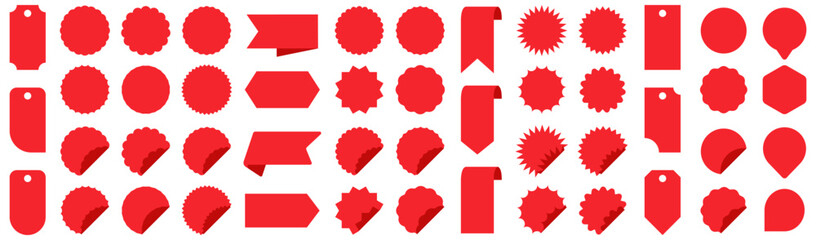Poster - Blank red sticker labels for sale. Price sticker, sale sticker, price tag, promotion ribbon. Sticker label template. Red tag banner label ribbon