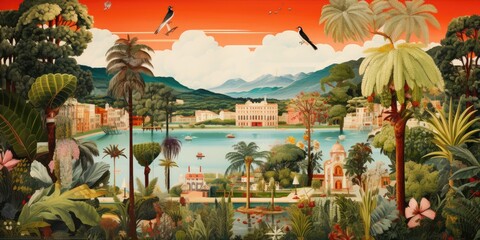 Wall Mural - vintage image of gardens around lake with trees and palms