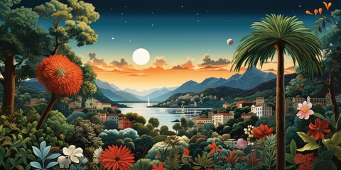 Wall Mural - vintage image of gardens around lake with trees and palms