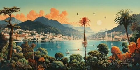 Wall Mural - vintage image of gardens around lake with trees and palms