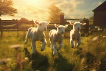 Lambs Frolicking In Sunny Countryside. Generative AI