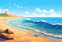 Background Of A Sunny Beach With Sandy Shore And Sparkling Sea. Generative AI