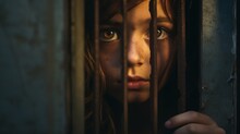 Little Girl Confined Behind Bars With Dirty Scratched Face Gazes With Hope, Evoking Heart Wrenching Concept Of Child Kidnapping, Safeguarding Children From Abduction And Harm