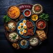 Top view of a fresh, delicious, wholesome and nutritious breakfast, beautifully decorated, food photography