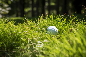 Wall Mural - White golf ball in green grass, natural lighting