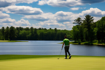 Wall Mural - Man plays golf on green grass, natural lighting