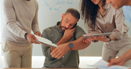 Poster - Phone call, multitasking and man with workflow crisis, business and conversation with planning, deadline and admin. People, manager and employees with chaos, schedule and staff in a workplace