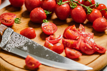 Sticker - Fresh chopped tomatoes. On cutting board.