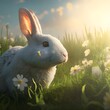 Oblique point of view White rabbit eating clover in a meadow ultra low angle japanese anime consept art dramatic sunny Atmosphere sharp focus ultra detail Volumetric Lighting Highly Detailed 