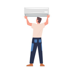 Wall Mural - Man Character Install Air Conditioner on the Wall Vector Illustration