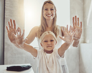 Wall Mural - Clean family, smile and washing hands in bathroom, hygiene and sanitary with soap foam. Happy woman and child, portrait and palm for health and protection from germs, bacteria and virus in dirt