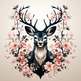 Fototapeta Dziecięca - deer with a flower,pattern with deer and flowers,Whimsical Deer: A Romantic Floral Illustration