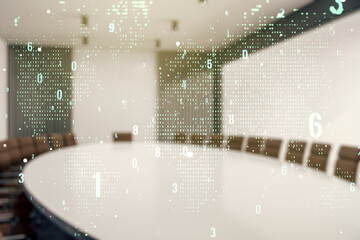 Wall Mural - double exposure of abstract creative programming illustration and world map on a modern boardroom ba