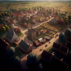 aerial view of a large medieval town with a market square surrounded by fields and hedgerows photorealistic highly detailed photographic cinematic lighting daylight 