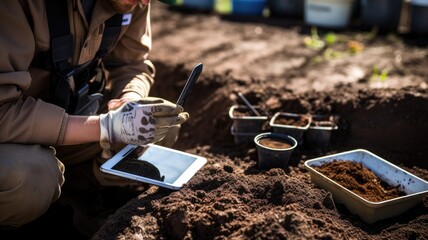 Leinwandbilder - A person with soil samples and environmental monitoring equipment, symbolizing environmental data collection and analysis