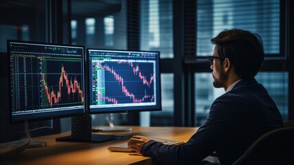 Leinwandbilder - An image of a financial analyst reviewing financial statements and market trends for investment decisions