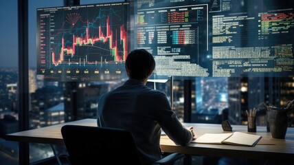 Leinwandbilder - An image of a financial analyst reviewing financial statements and market trends for investment decisions