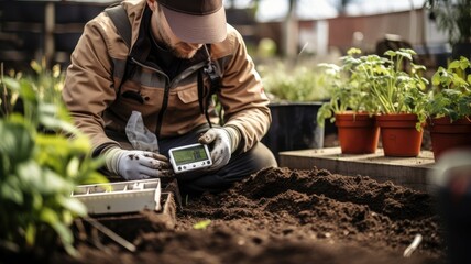 Leinwandbilder - A person with soil samples and environmental monitoring equipment, symbolizing environmental data collection and analysis