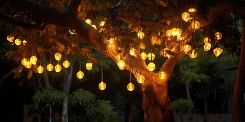 Sticker - hanging light bulbs, warm colors, hanging on a tree created with ai