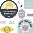 Set of Cool trendy retro stickers of badges, banners, and washi tapes. Vector illustration of vintage graphic design badges, that read, keep creating, you are doing great, a new era of me, let it go.