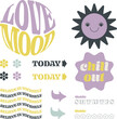 Set of Cool trendy retro stickers with smiley faces, badges, habit trackers and planner elements. Vector illustration of vintage badges. They read, Chill out, Love mood, Believe in yourself.