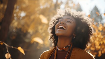 Wall Mural - a African Ethiopian female gospel singer, dressed in earthy, fall-inspired clothing, singing passionately amidst the autumn colors. generative AI