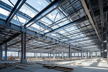 Construction Industrial Building. Use As Large Factory, Warehouse, Storehouse, Hangar Or Plant. Modern Interior With Metal Wall And Steel Structure With Empty Space For Industry Background.