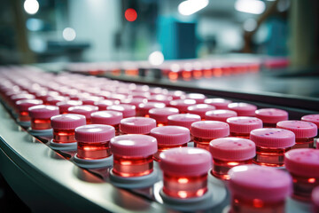 sterile vials on conveyor: pharmaceutical manufacturing