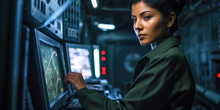 A Resourceful Military Woman Mines Important Information From An Encrypted Database. A Woman In Military Uniform In A Room With Computer Screens.
