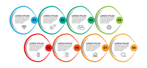 infographic template design, minimalist concept, interconnected circles with 8 steps, lines and colors in each step, good for your business presentation