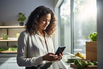 Lady in modern kitchen space engaged with grocery store app on phone