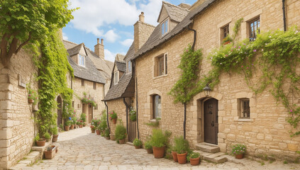 Wall Mural - Medieval village, a quaint cluster of stone cottages nestled along cobblestone streets - AI Generative