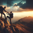 © Ivonita - Hiker helping friend reach the mountain top, Generative Ai illustration. Not real people