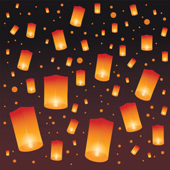 Wall Mural - Sky lanterns festival, Thailand Loy Krathong and Yi Peng Festival. Vector illustration