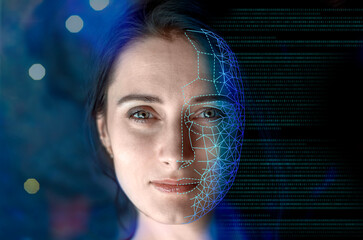 portrait of a woman symbolically turning into virtual human, virtual character, or digital clone, us