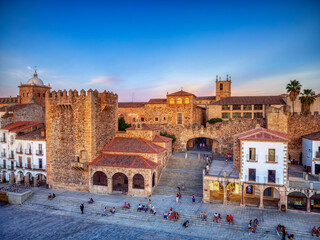 Wall Mural - Plaza Mayor of Caceres at sunset, overhead view.