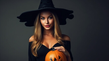 Beautiful woman dressed as witch for Halloween standing in front of isolated background - ai generative