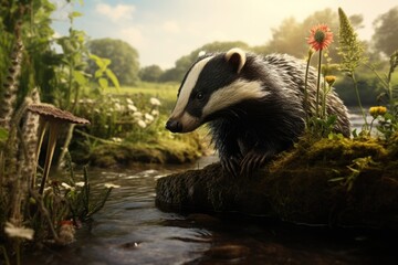 Sticker - Badger Standing on Rock in Stream