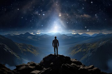 Wall Mural - Man Standing on Mountain at Night